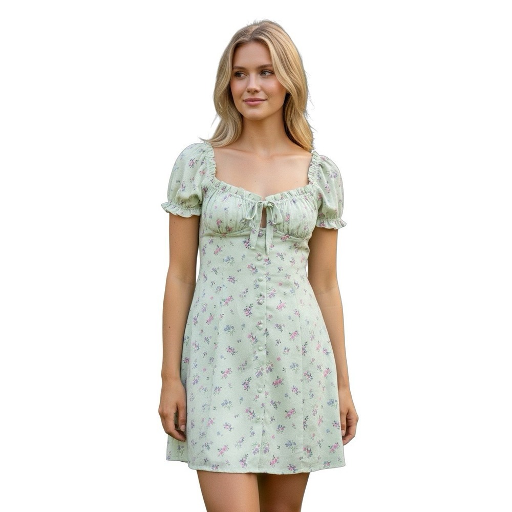 Princess polly green floral puff sleeve tie front buttonn‎ mini dress size 12